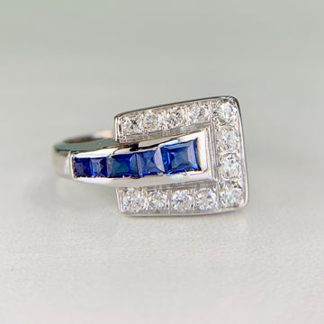 1950's Sapphire and Transitional Diamond Buckle Ring 14k White Gold - Jacob's Diamond and Estate Jewelry