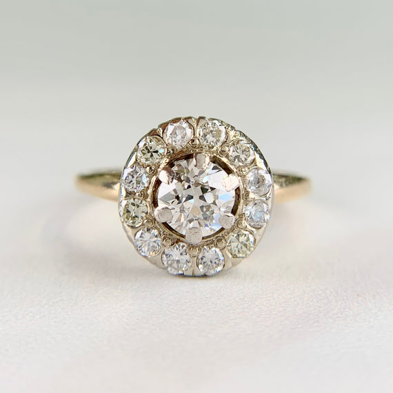 Vintage 1940's Old Mine Cut Diamond Halo Ring 14k Gold