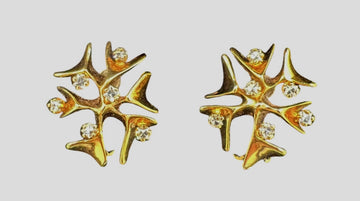 Modernist Snowflake Yellow Gold Diamond Clip On Earrings Circa 1950s