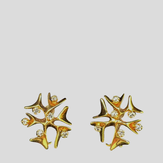 Modernist Snowflake Yellow Gold Diamond Clip On Earrings Circa 1950s