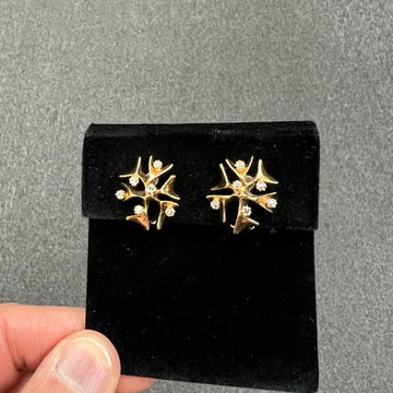 Modernist Snowflake Yellow Gold Diamond Clip On Earrings Circa 1950s