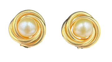 Vintage Pearl Yellow Gold Knot Clip On Earrings