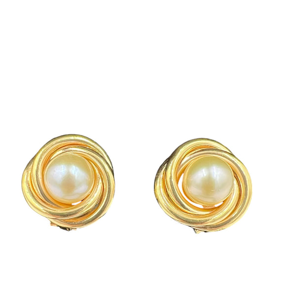 Vintage Pearl Yellow Gold Knot Clip On Earrings