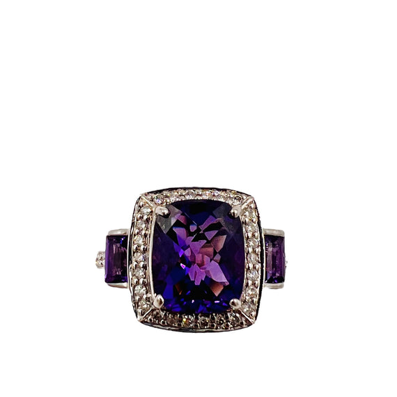 Amethyst And Diamond White Gold Ring Size 8.25