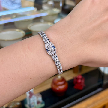 Antique 1925 Art Deco Sapphire and Old Cut Diamond Bracelet Platinum - Jacob's Diamond and Estate Jewelry
