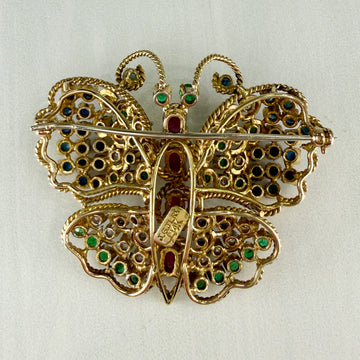 Vintage 1960's Diamond Emerald and Ruby Butterfly Brooch 14k Yellow Gold