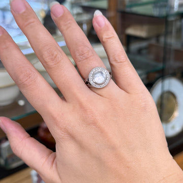 White Topaz Cabochon and Sapphire Diamond Ring 18k White Gold - Jacob's Diamond and Estate Jewelry