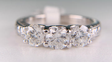 Estate Hand Etched Engraved 3 Stone Diamond Band Ring 14k White Gold