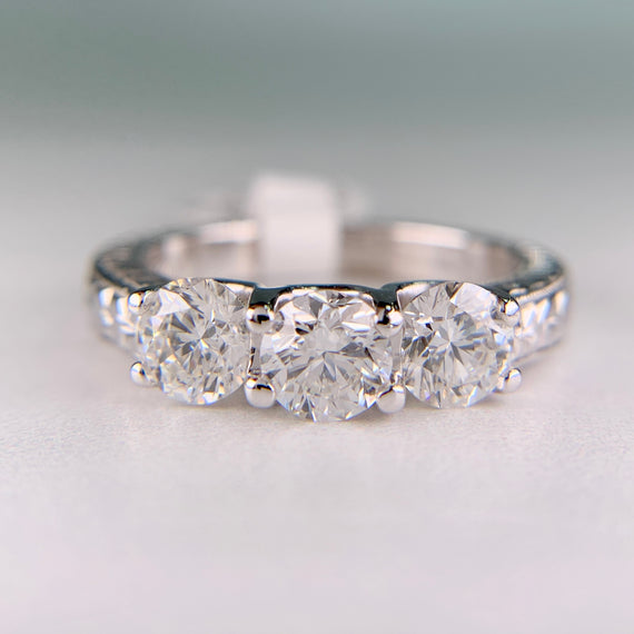 Estate Hand Etched Engraved 3 Stone Diamond Band Ring 14k White Gold