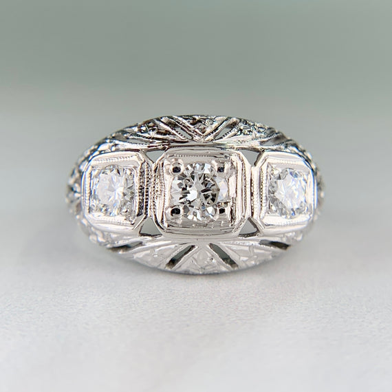 1930's Art Deco 3 Stone Diamond Dome Ring 14k White Gold