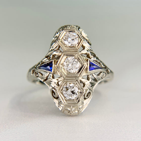 1930's Art Deco Old European Diamond & Sapphire Shield Dinner Ring 18k