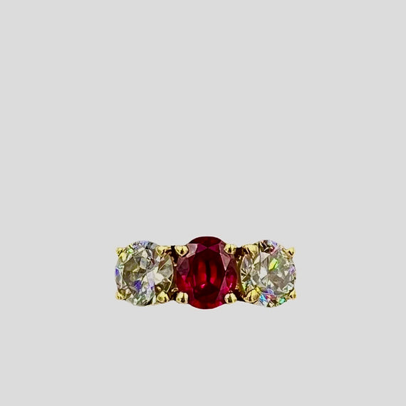 Vintage Ruby Diamond Yellow Gold Three Stone Ring