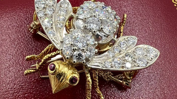 Rosenthal Vintage Extra Large Diamond Ruby Gold Bee Brooch Circa 1970s