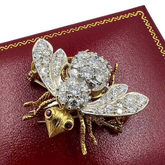 Rosenthal Vintage Extra Large Diamond Ruby Gold Bee Brooch Circa 1970s