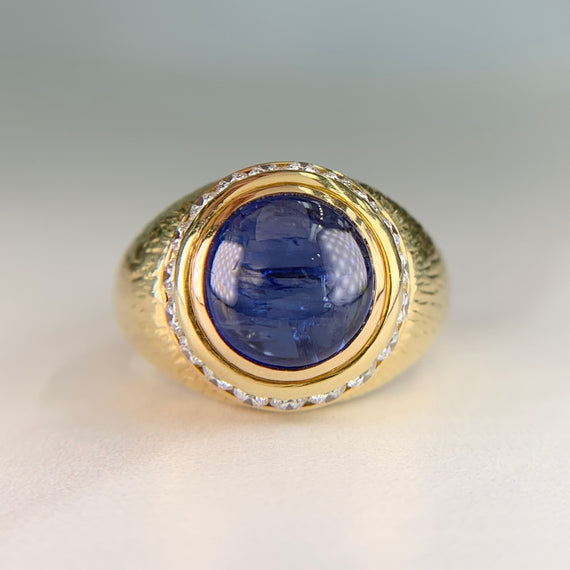 Vintage Hammerman Brothers Cabochon Sapphire Diamond Yellow Gold Ring 18K