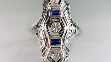 1930's Art Deco Old Cut Diamond and Sapphire Shield Dinner Ring 18k
