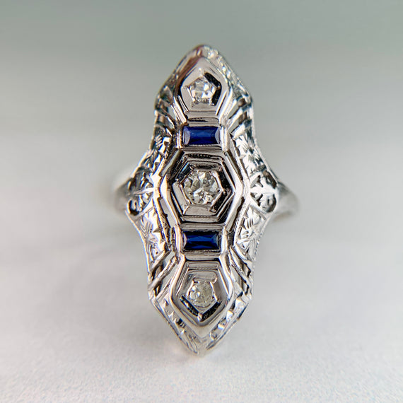 1930's Art Deco Old Cut Diamond and Sapphire Shield Dinner Ring 18k