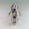 1930's Art Deco Old Cut Diamond and Sapphire Shield Dinner Ring 18k