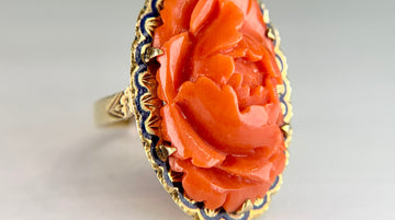 Vintage 1960's Carved Coral and Enamel Ring 14k Yellow Gold