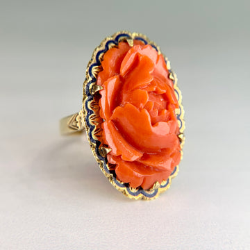 Vintage 1960's Carved Coral and Enamel Ring 14k Yellow Gold - Jacob's Diamond and Estate Jewelry