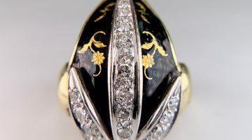Vintage Black Enamel and Diamond Tulip Ring 18k Yellow Gold
