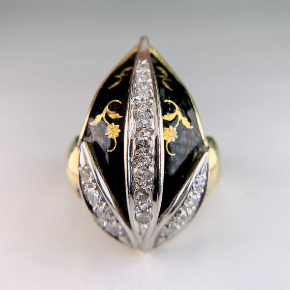 Vintage Black Enamel and Diamond Tulip Ring 18k Yellow Gold - Jacob's Diamond and Estate Jewelry