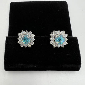 Vintage Blue Zircon Diamond White Gold Earrings Circa 1950s