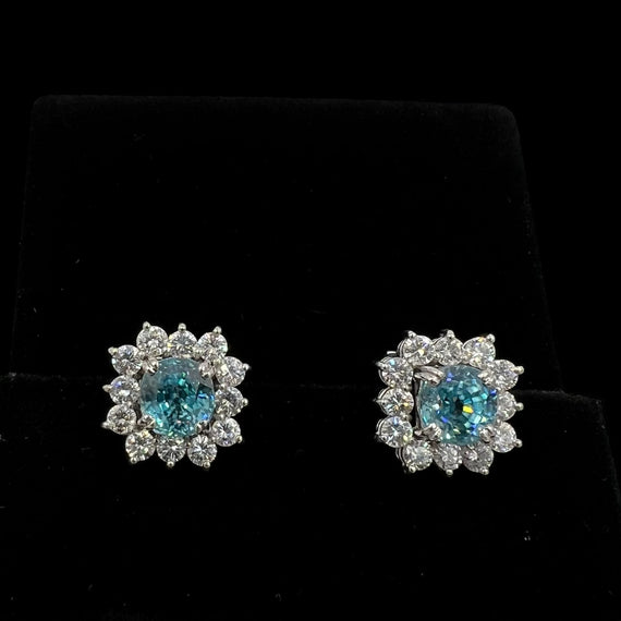 Vintage Blue Zircon Diamond White Gold Earrings Circa 1950s