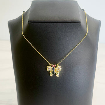 Emerald Sapphire Diamond Butterfly Necklace Brooch 14k Yellow Gold