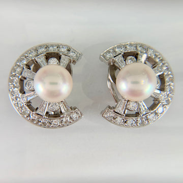 Vintage 1950's Pearl and Diamond Crescent Clip On Earrings 14k White Gold - Jacob's Diamond and Estate Jewelry