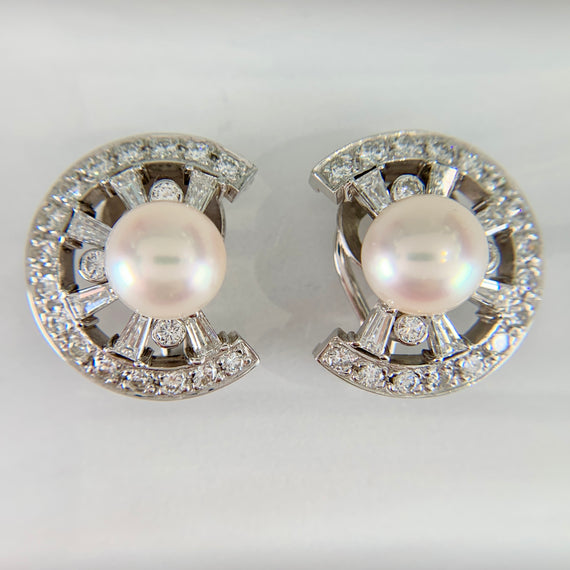 Vintage 1950's Pearl and Diamond Crescent Clip On Earrings 14k White Gold