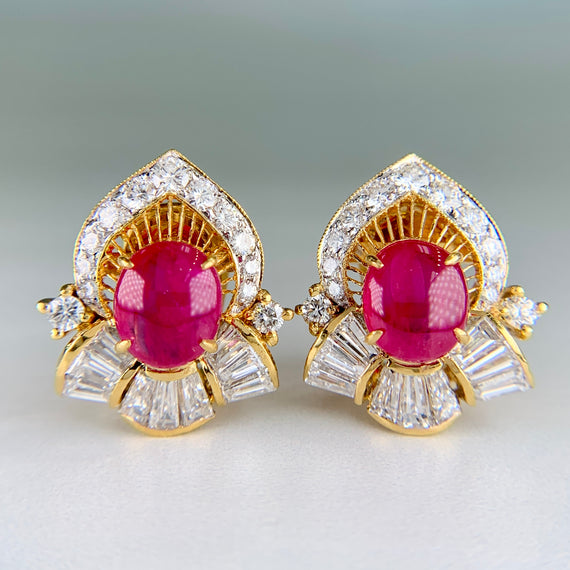 Vintage Ruby Cabochon and Diamond Clip On Earrings 18k Gold