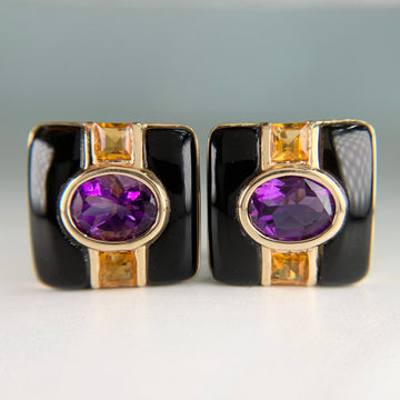 Vintage Onyx Amethyst and Citrine Earrings 14k Yellow Gold - Jacob's Diamond and Estate Jewelry