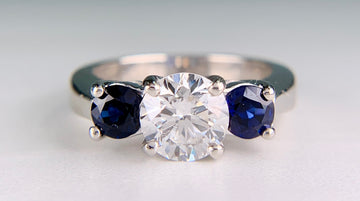 Vintage GIA Diamond and Sapphire 3 Stone Ring Platinum