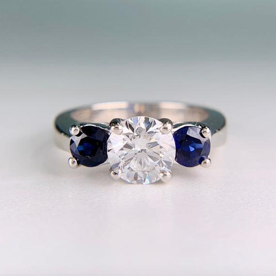 Vintage GIA Diamond and Sapphire 3 Stone Ring Platinum - Jacob's Diamond and Estate Jewelry