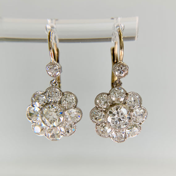 Vintage Old Mine and Old European Cut Diamond Flower Dangle Earrings 18k/Plat