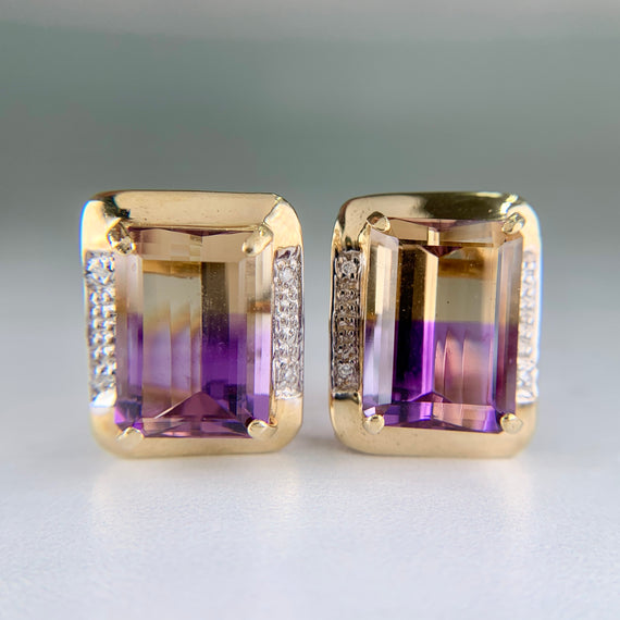 Vintage Ametrine and Diamond Clip On Earrings 14k Gold