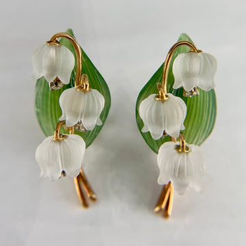 1960's Jul. Hugler Lily of the Valley Jade & Rock Crystal Diamond Earrings 18k