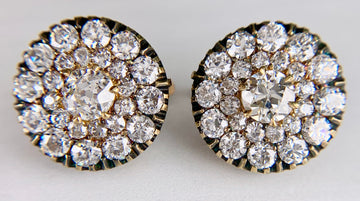 Vintage Old Mine Diamond Cluster-Button Earrings 18k Yellow Gold