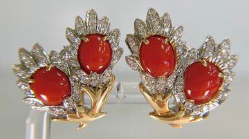 Vintage 1970's Coral and Diamond Clip On Earrings