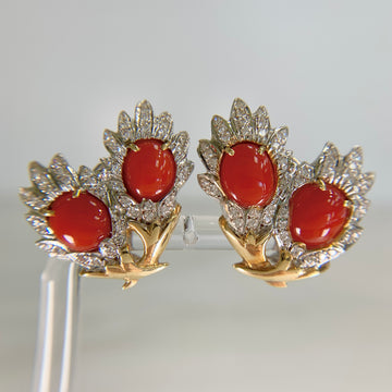 Vintage 1970's Coral and Diamond Clip On Earrings - Jacob's Diamond and Estate Jewelry