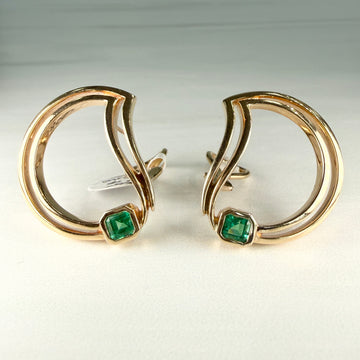 1990's Abstract Emerald "D" Statement Earrings 14k Yellow Gold - Jacob's Diamond and Estate Jewelry