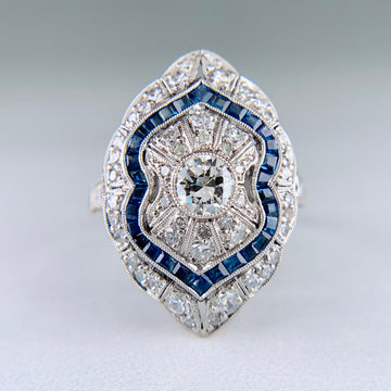 Vintage Sapphire and Old Cut Diamond Shield Ring Platinum - Jacob's Diamond and Estate Jewelry