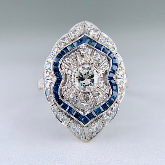 Vintage Sapphire and Old Cut Diamond Shield Ring Platinum