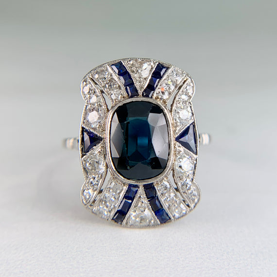 1930's Art Deco Sapphire and Old Cut Diamond Shield Ring Platinum