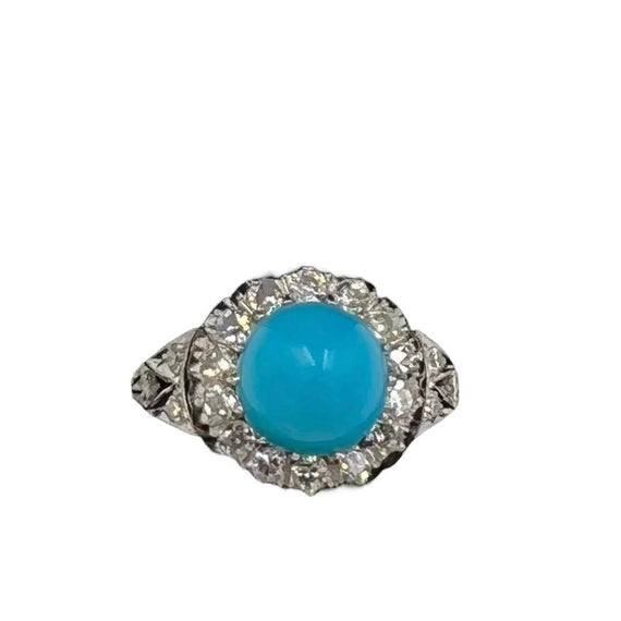 1950s Vintage Turquoise Diamond Platinum Cluster Ring