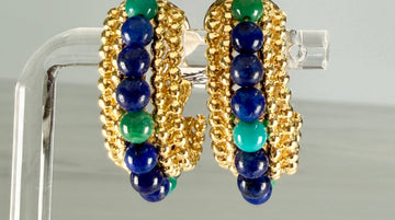 Vintage Lapis and Chrysocolla Beaded Half Hoop Clip On Earrings 14k/18k