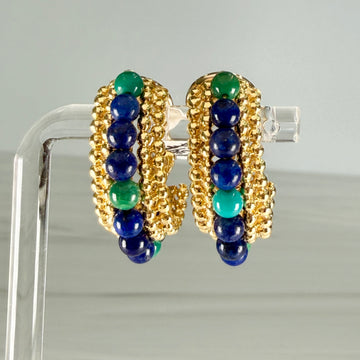 Vintage Lapis and Chrysocolla Beaded Half Hoop Clip On Earrings 14k/18k - Jacob's Diamond and Estate Jewelry