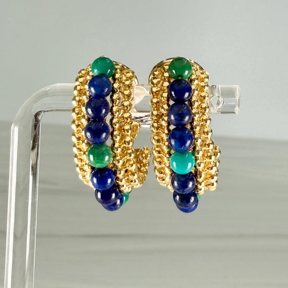 Vintage Lapis and Chrysocolla Beaded Half Hoop Clip On Earrings 14k/18k - Jacob's Diamond and Estate Jewelry