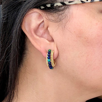 Vintage Lapis and Chrysocolla Beaded Half Hoop Clip On Earrings 14k/18k - Jacob's Diamond and Estate Jewelry